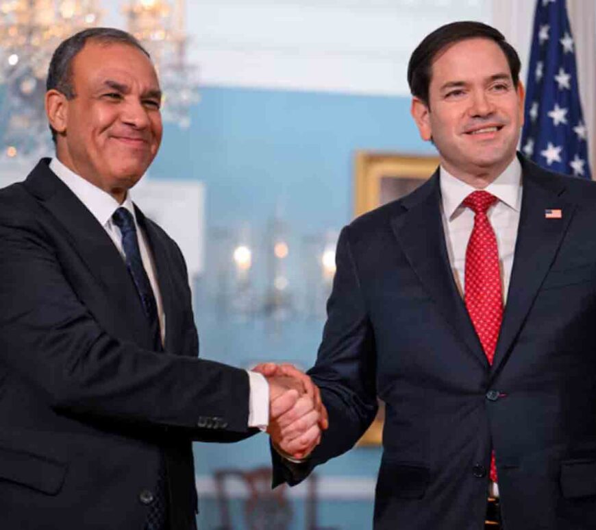 U.S. Secretary of State Marco Rubio shakes hands with Egyptian Foreign Minister Badr Abdelatty at the State Department in Washington, U.S.