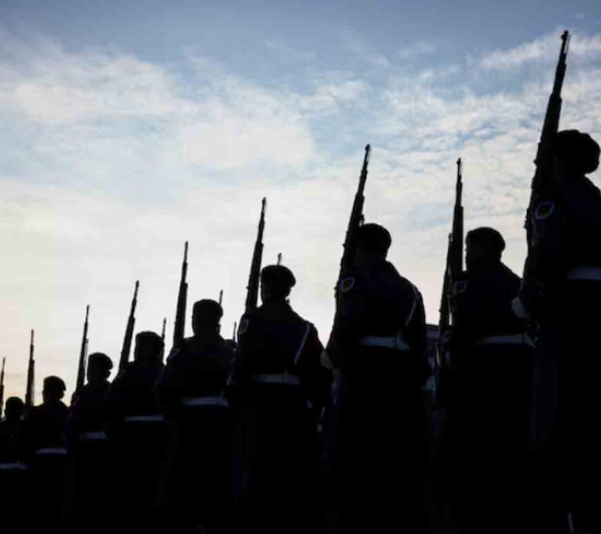 Members of the military honour guard march, on the day of a meeting between German Defence Minister Boris Pistorius and European Commissioner for Defence and Space Andrius Kubilius in Berlin, Germany.