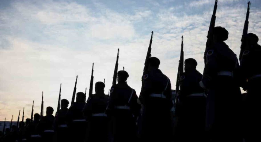 Members of the military honour guard march, on the day of a meeting between German Defence Minister Boris Pistorius and European Commissioner for Defence and Space Andrius Kubilius in Berlin, Germany.