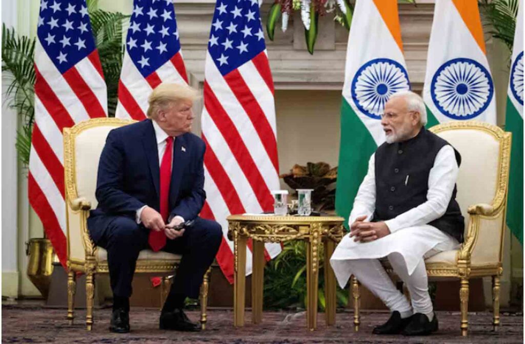 Indian Prime Minister Narendra Modi speaks to U.S. President Donald Trump during a meeting at Hyderabad House in New Delhi, India.