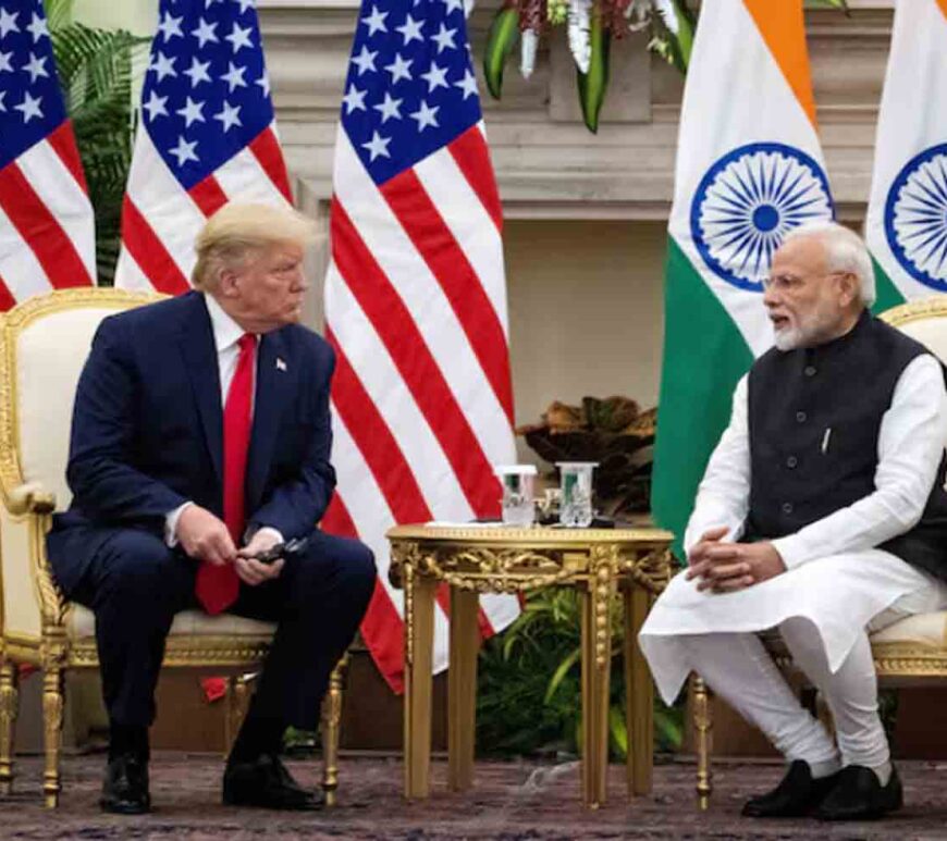 Indian Prime Minister Narendra Modi speaks to U.S. President Donald Trump during a meeting at Hyderabad House in New Delhi, India.