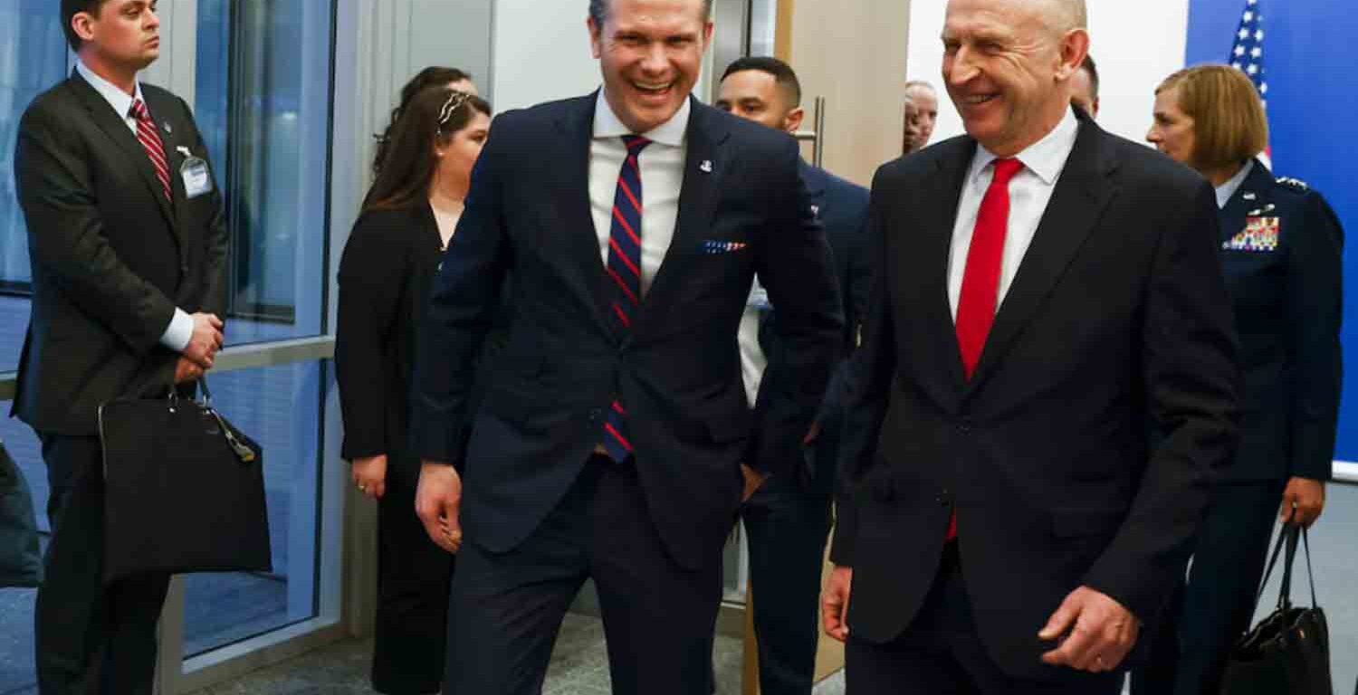 U.S. Defense Secretary Pete Hegseth, left, walks with U.K. Secretary of State for Defence John Healey prior to a bilateral meeting at NATO headquarters in Brussels.