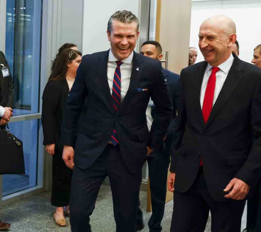 U.S. Defense Secretary Pete Hegseth, left, walks with U.K. Secretary of State for Defence John Healey prior to a bilateral meeting at NATO headquarters in Brussels.