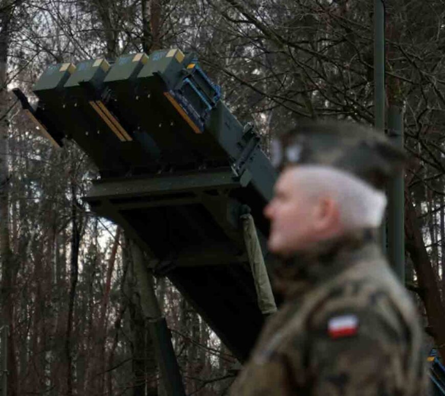 Polish army general stands in front of the surface-to-air missile launcher, the Patriot (Wisla) system, newly added into the Integrated Battle Command System (IBCS) at an army base in Sochaczew, Poland.