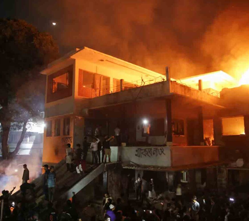 Protesters set fire to the Dhanmondi-32 residence of Bangabandhu Sheikh Mujibur Rahman, father of the ousted PM Sheikh Hasina, in Dhaka, Bangladesh.