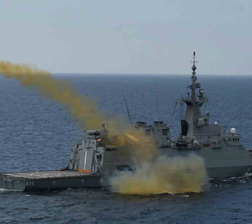 Saudi Navy ship exhibits a live fire demonstration during a bilateral maritime exercise in the North Arabian Sea.