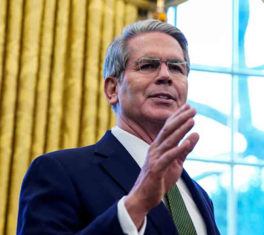 U.S. Secretary of the Treasury Scott Bessent speaks at the White House, in Washington.