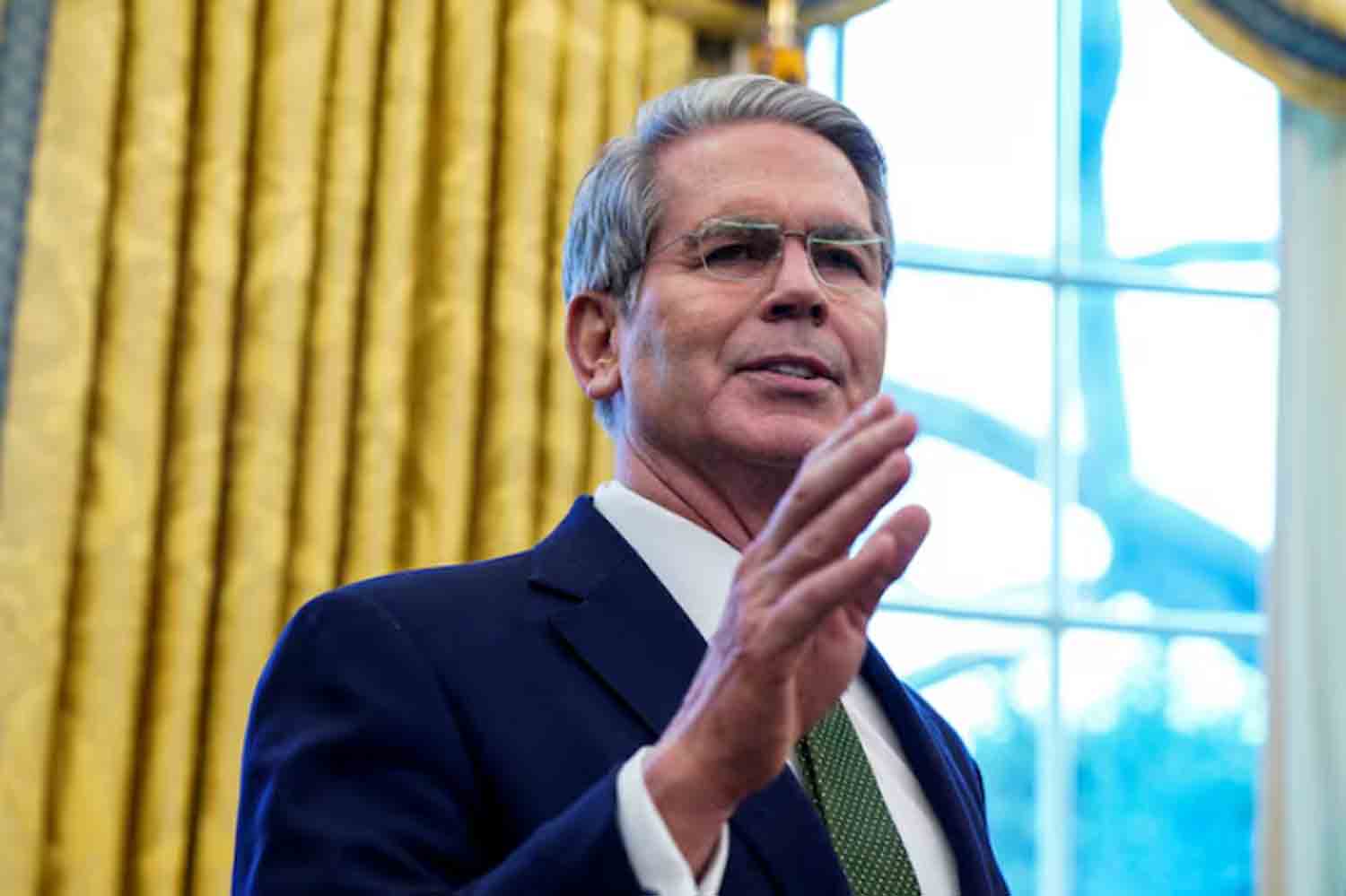 U.S. Secretary of the Treasury Scott Bessent speaks at the White House, in Washington.
