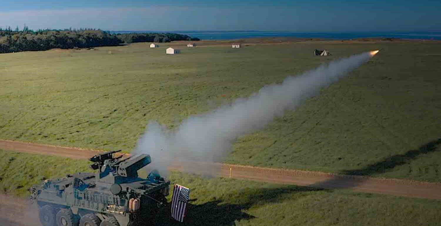 A Stinger missile launches from the new Maneuver-Short Range Air Defense system.