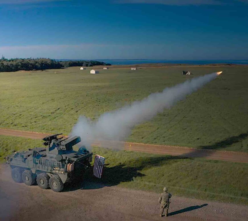 A Stinger missile launches from the new Maneuver-Short Range Air Defense system.