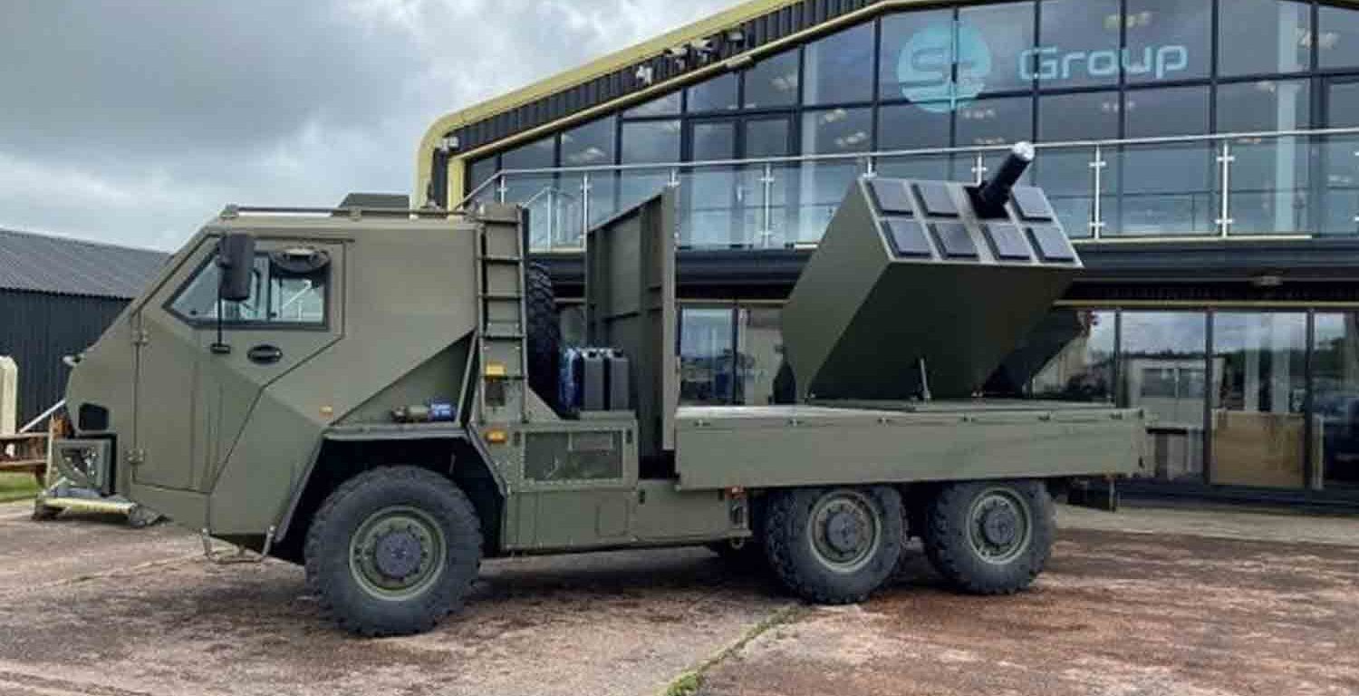 A concept demonstrator of a Supacat MBDA Brimstone launcher module mounted on a Supacat HMT 6×6 platform that shows the possible layout of the Gravehawk system