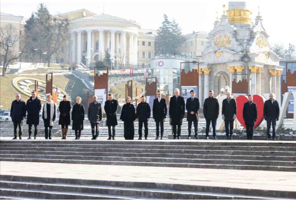 Ukraine's President Volodymyr Zelenskiy with his wife Olena, European Commission President Ursula von der Leyen, European Council President Antonio Costa, Canada's Prime Minister Justin Trudeau, Spanish Prime Minister Pedro Sanchez, Latvia's President Edgars Rinkevics, President of Lithuania Gitanas Nauseda, Estonian Prime Minister Kristen Michal, Denmark's Prime Minister Mette Frederiksen, Icelandic Prime Minister Kristrun Frostadottir, Norwegian Prime Minister Jonas Gahr Stoere, Finnish President Alexander Stubb, Sweden's Prime Minister Ulf Kristersson visit a makeshift memorial place displaying Ukrainian flags with the names of fallen service members, at the Independence Square, amid Russia's attack on Ukraine, in Kyiv, Ukraine.