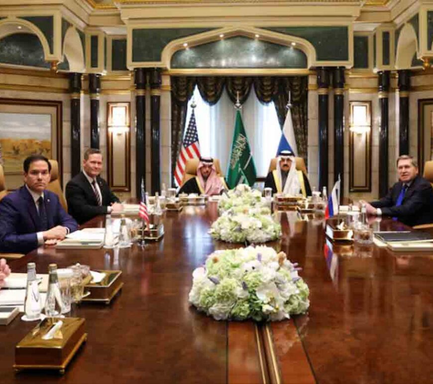 U.S. Secretary of State Marco Rubio meets with Saudi Foreign Minister Prince Faisal bin Farhan Al Saud, Saudi National Security Advisor Mosaad bin Mohammad Al-Aiban, U.S. National Security Advisor Mike Waltz, U.S. Middle East envoy Steve Witkoff, Russian Foreign Minister Sergei Lavrov and Russian President Vladimir Putin's foreign policy advisor Yuri Ushakov, at Diriyah Palace, in Riyadh.