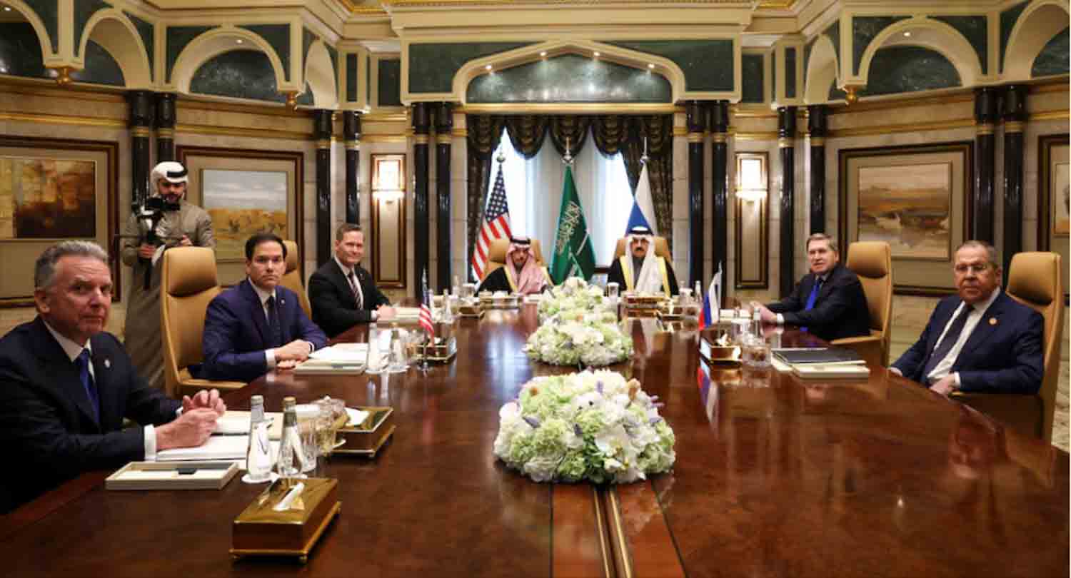 U.S. Secretary of State Marco Rubio meets with Saudi Foreign Minister Prince Faisal bin Farhan Al Saud, Saudi National Security Advisor Mosaad bin Mohammad Al-Aiban, U.S. National Security Advisor Mike Waltz, U.S. Middle East envoy Steve Witkoff, Russian Foreign Minister Sergei Lavrov and Russian President Vladimir Putin's foreign policy advisor Yuri Ushakov, at Diriyah Palace, in Riyadh.