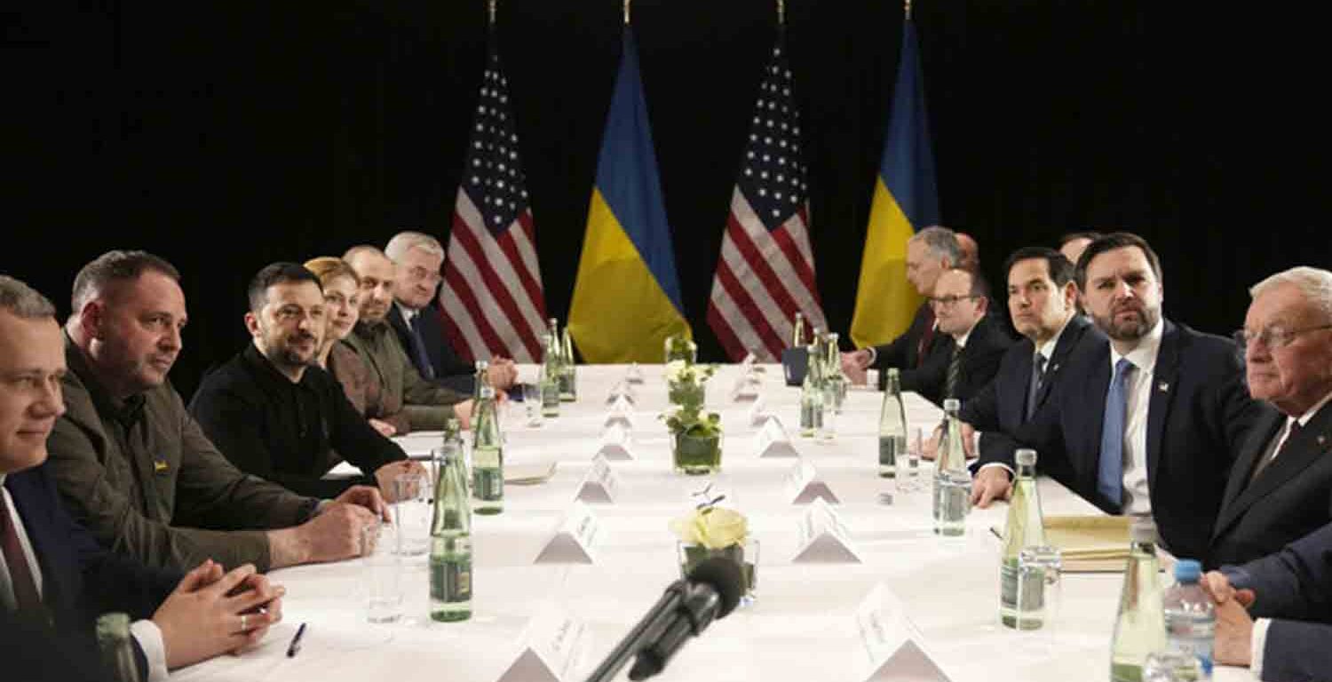 United States Vice President JD Vance, second right, and United States Secretary of State Marco Rubio, third right, meet with Ukraine’s President Volodymyr Zelensky, third left, during a bilateral meeting on the sidelines of the Munich Security Conference in Munich.