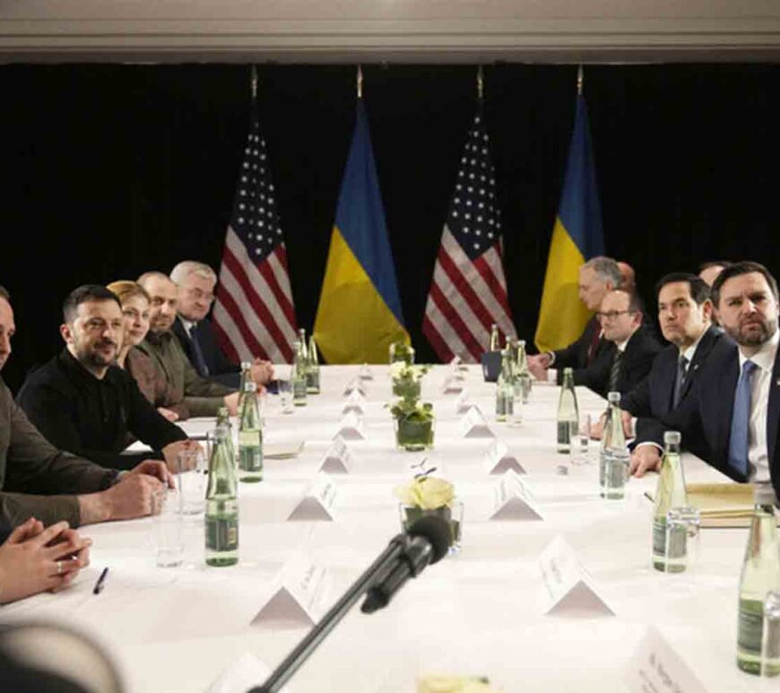 United States Vice President JD Vance, second right, and United States Secretary of State Marco Rubio, third right, meet with Ukraine’s President Volodymyr Zelensky, third left, during a bilateral meeting on the sidelines of the Munich Security Conference in Munich.