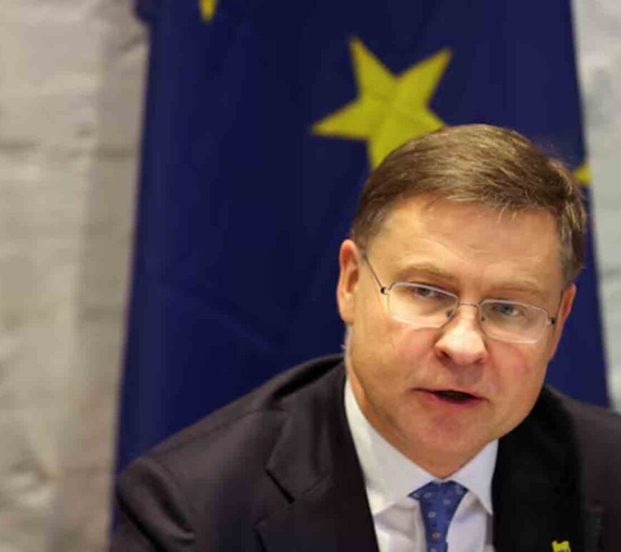 European Commission Executive Vice-President Valdis Dombrovskis attends the U.S.-EU Trade and Technology Council in Leuven, Belgium.