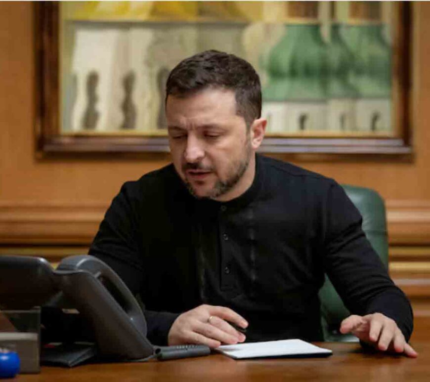 Ukraine's President Volodymyr Zelenskiy speaks with U.S. President Donald Trump via a phone line, amid Russia's attack on Ukraine, in Kyiv.