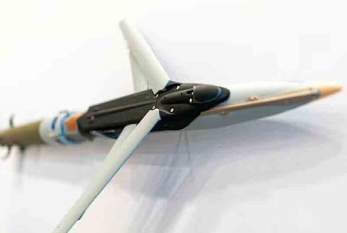 A Ground Launched Small Diameter Bomb is displayed at Boeing booth during the Association of the United States Army annual meeting and exposition at the Walter E. Washington Convention Center.