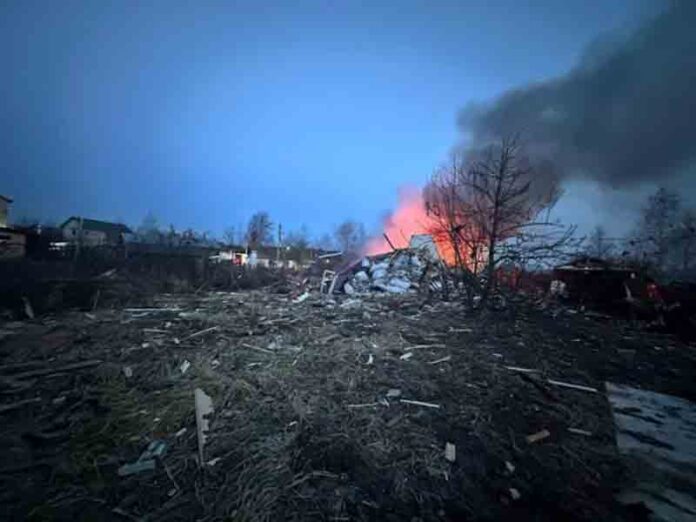 A residential house ablaze after recent Ukraine's drone attack, according the local authorities, in the course of Russia-Ukraine conflict, in the Moscow region, is seen in this image.
