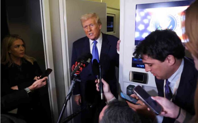 Donald-Trump U.S. President Donald Trump speaks to reporters aboard Air Force One on his return to Washington, D.C., U.S.