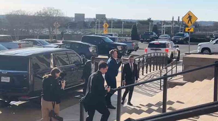 Elon Musk arrives for a meeting at the Pentagon in Washington, D.C., U.S., March 21, 2025 in this screengrab obtained from a video