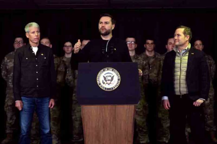 U.S. Vice President JD Vance, flanked by Secretary of Energy Chris Wright and National Security Advisor Mike Waltz, speaks at the U.S. military's Pituffik Space Base in Greenland.