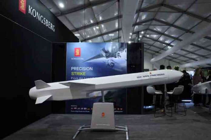 Kongsberg's NSM Naval Strike Missile is displayed at the Australian International Airshow in Avalon, Australia.