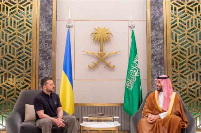 Saudi Crown Prince Mohammed Bin Salman meets with Ukrainian President Volodymyr Zelenskiy in Jeddah, Saudi Arabia.