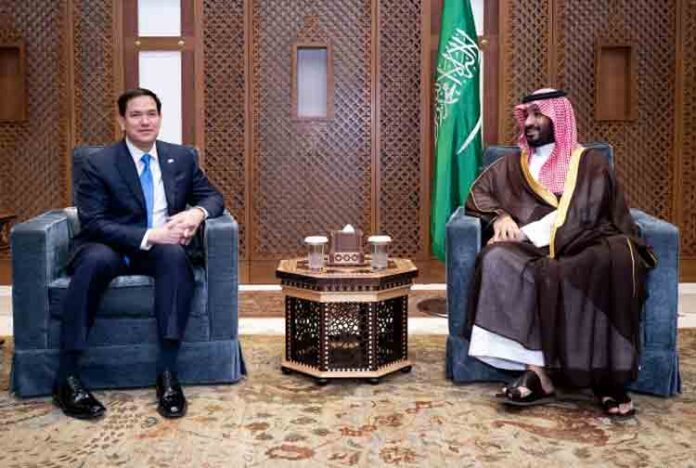 Saudi Crown Prince and Prime Minister Mohammed bin Salman meets with US Secretary of State Marco Rubio on the Royal Palace grounds in Jeddah, Saudi Arabia.
