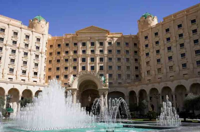A general view of the Ritz-Carlton hotel, where talks between Russia and U.S. are being held aimed at ending the conflict between Russia and Ukraine, in Riyadh, Saudi Arabia.