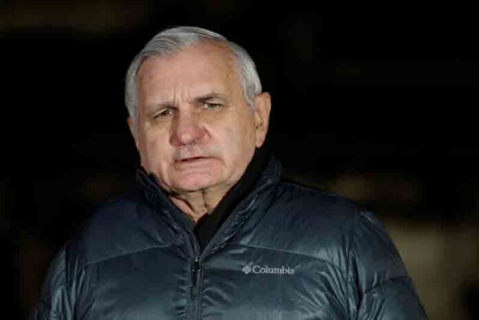 U.S. Senator Jack Reed (D-RI), Chairman of the Senate Armed Services Committee, speaks during a news briefing, amid Russia's attack on Ukraine, in Kyiv, Ukraine.