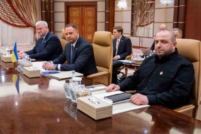Ukrainian Foreign Minister Andrii Sybiha, Ukrainian Head of Presidential Office Andriy Yermak and Ukrainian Minister of Defense Rustem Umerov hold a meeting with U.S. officials in Jeddah, Saudi Arabia.
