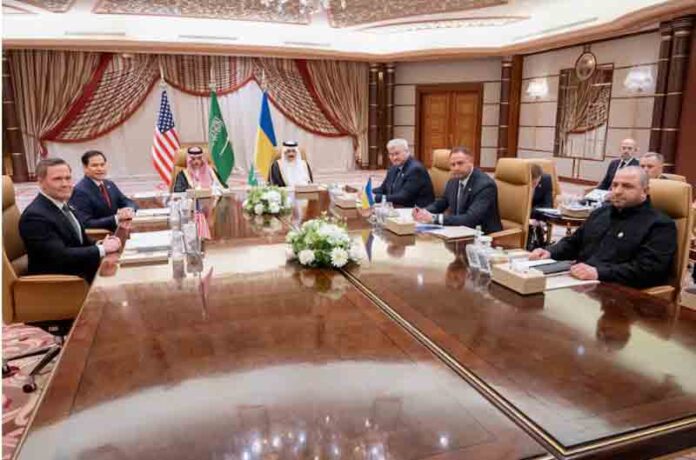 U.S Secretary of State Marco Rubio, U.S National Security Advisor Mike Waltz, Ukrainian Foreign Minister Andrii Sybiha, Ukrainian Head of Presidential Office Andriy Yermak, and Ukrainian Minister of Defense Rustem Umerov hold a meeting in the presence of Saudi Foreign Minister Faisal bin Farhan and National Security Advisor Mosaad bin Mohammad Al-Aiban, in Jeddah, Saudi Arabia.