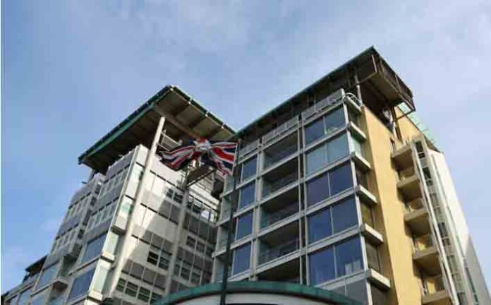A flag flies at the British embassy in Moscow, Russia.