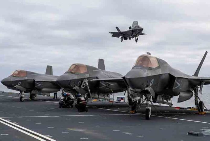 F-35-Lightning-jets-lined-up-on-HMS-Prince-of-Wales F-35 Lightning jets lined up on HMS Prince of Wales after embarking for Op HIGHMAST