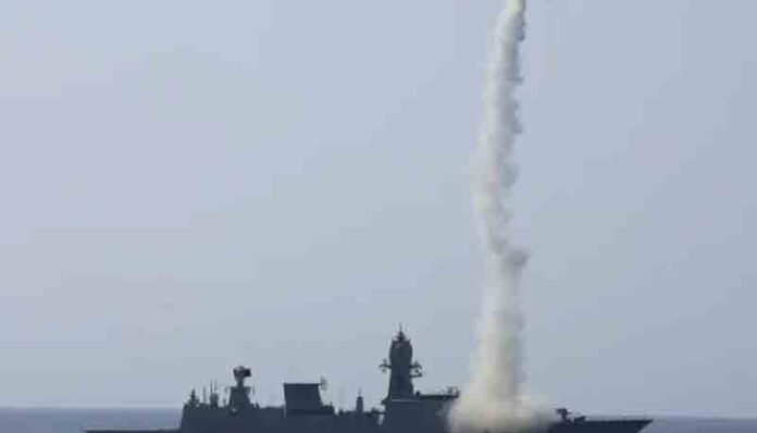 Indian-Navy-INS-Surat-launching-MR-SAM-missile Indian Navy INS Surat launching MR-SAM missile