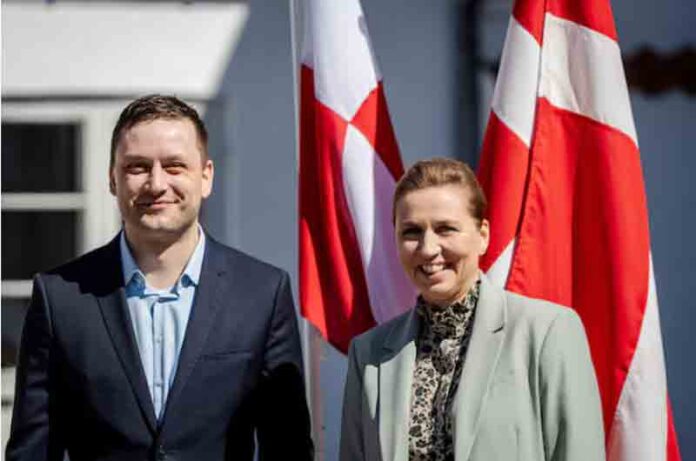 Prime Minister Mette Frederiksen receives Greenland's Prime Minister Jens-Frederik Nielsen ahead of a meeting at Marienborg in Kongens Lyngby, Denmark.