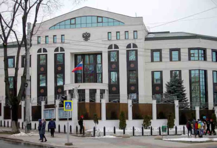 A general view shows the Russian Embassy in Chisinau, Moldova.