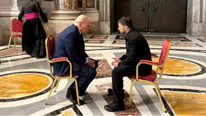 Ukraine's President Volodymyr Zelensky (R) meets with US President Donald Trump (L) on the sidelines of Pope Francis' funeral at St. Peter's Basilica at the Vatican.