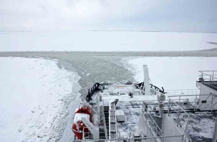Lanes through the Baltic Sea ice are pictured from the deck of the icebreaker Polaris, which assists cargo ships in and out of ports, in Tornio, northern Finland