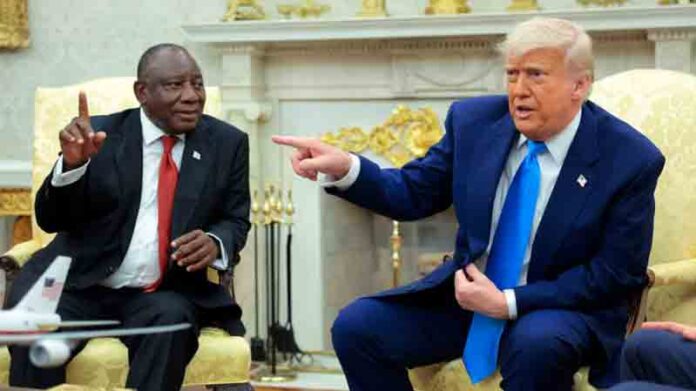 President Donald Trump, right, speaks during a meeting with South African President Cyril Ramaphosa in the Oval Office on May 21, 2025.