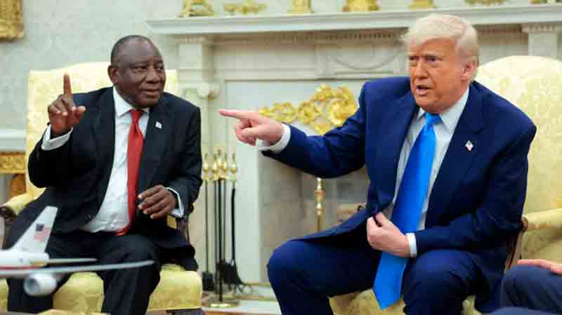 President Donald Trump, right, speaks during a meeting with South African President Cyril Ramaphosa in the Oval Office on May 21, 2025.