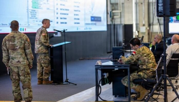 Egyptian military officers inside the Civil-Military Coordination Center in Israel's Kiryat Gat