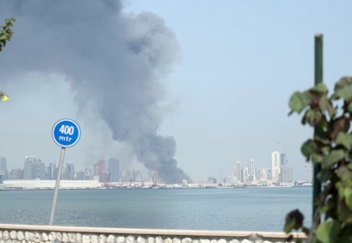 Smoke rises after Iran carried out a missile strike on the main headquarters of the US Navy 5th Fleet in Manama, Bahrain, on Saturday. Smoke rises after Iran carried out a missile strike on the main headquarters of the US Navy 5th Fleet in Manama, Bahrain, on Saturday.