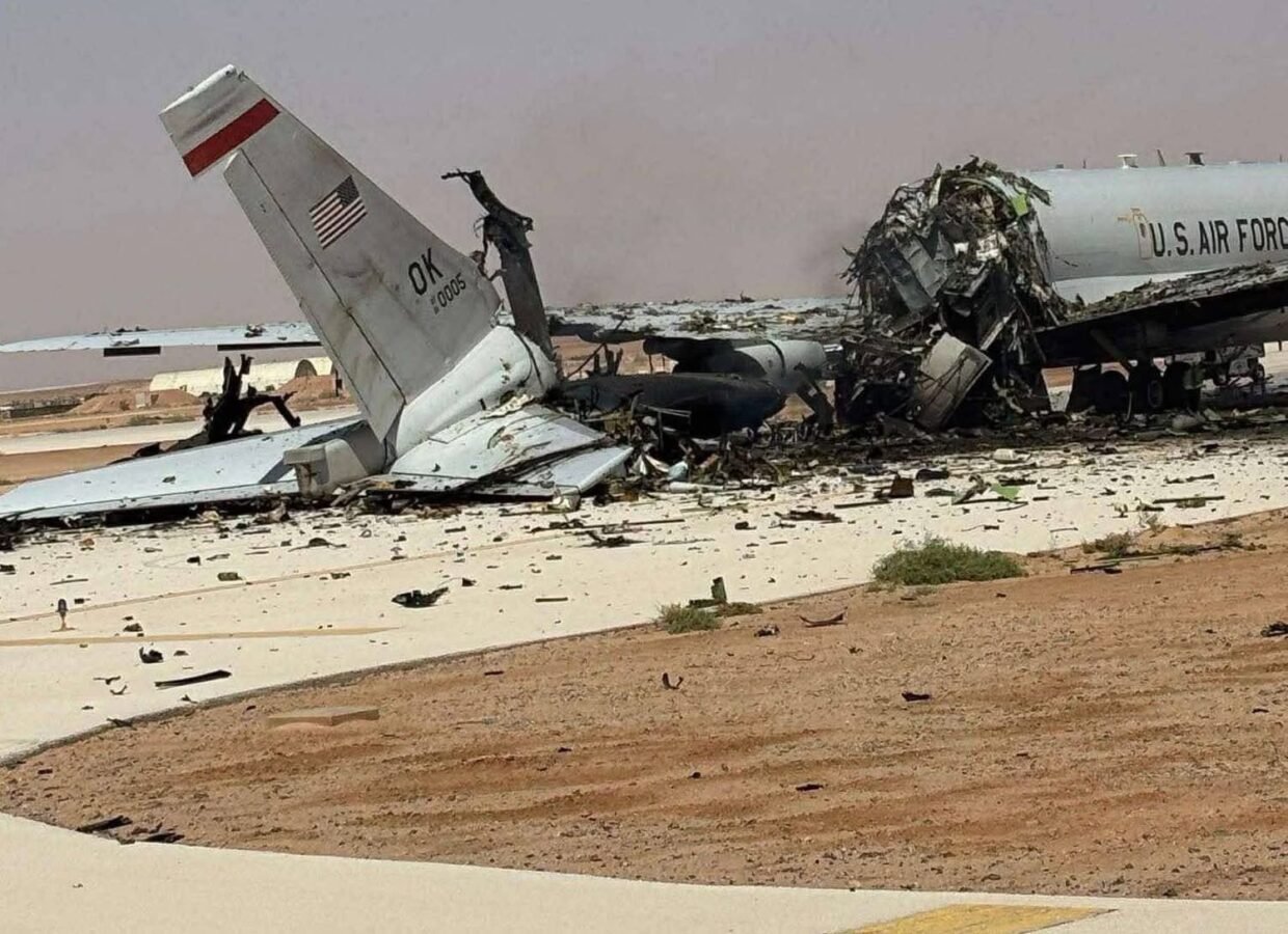The wreckage of a US Air Force E-3 Sentry airborne warning and control aircraft sits on the tarmac at an air base in Saudi Arabia during Iran war.