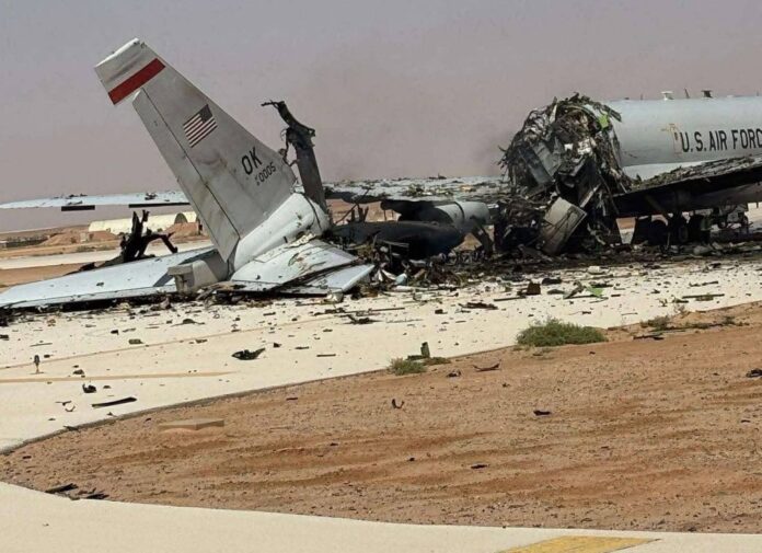 E-3G Sentry Airborne Early Warning and Control destroyed The wreckage of a US Air Force E-3 Sentry airborne warning and control aircraft sits on the tarmac at an air base in Saudi Arabia.
