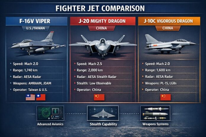 Fighter jet comparison infographic visual comparison (F-16V vs J-20 vs J-10C)