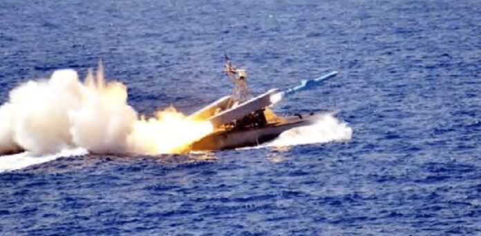 Firing of an Iranian Noor naval missile from a Syrian Tir-2 missile boat