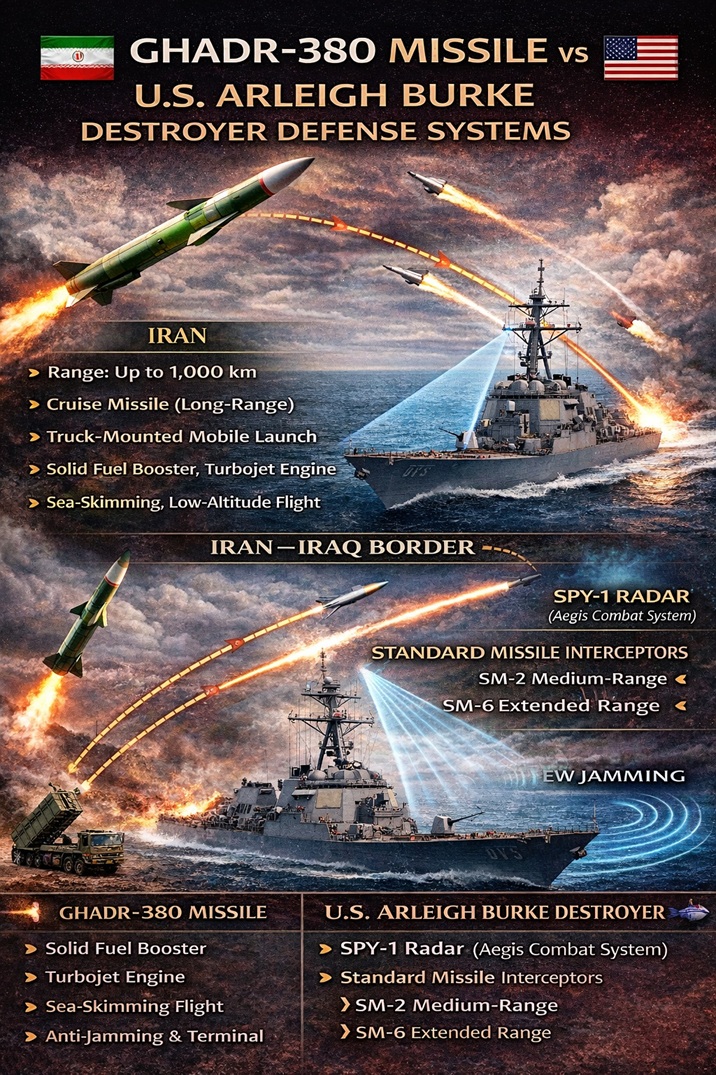 Infographic: Ghadr-380 missile vs U.S. Arleigh Burke destroyer defense systems